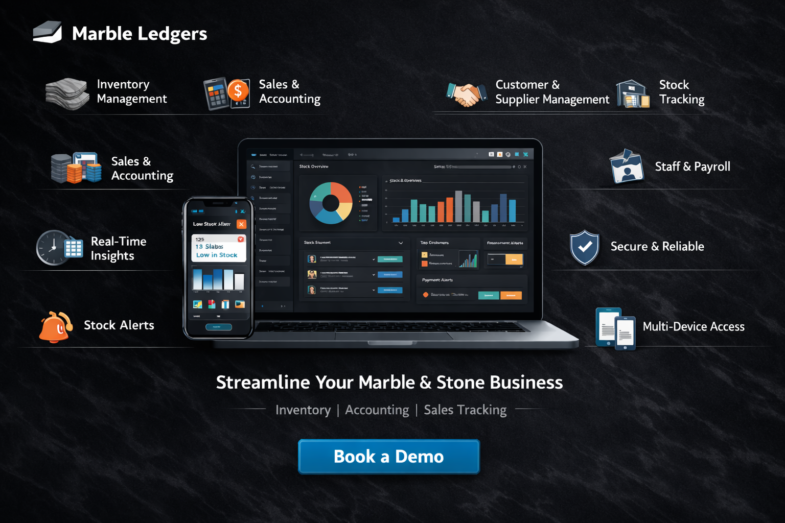 Marble Ledgers Dashboard showing inventory and sales analytics